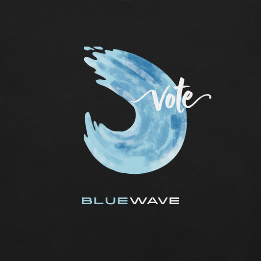 Close-up of the Vote Blue Wave watercolor print on a black tee
