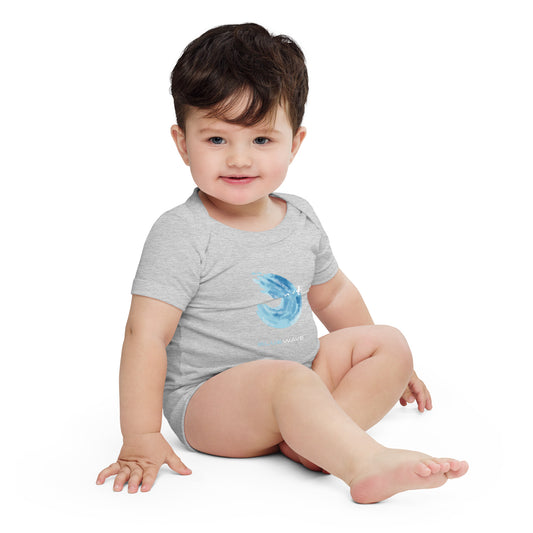 Baby in an athletic heather Vote Blue Wave one-piece