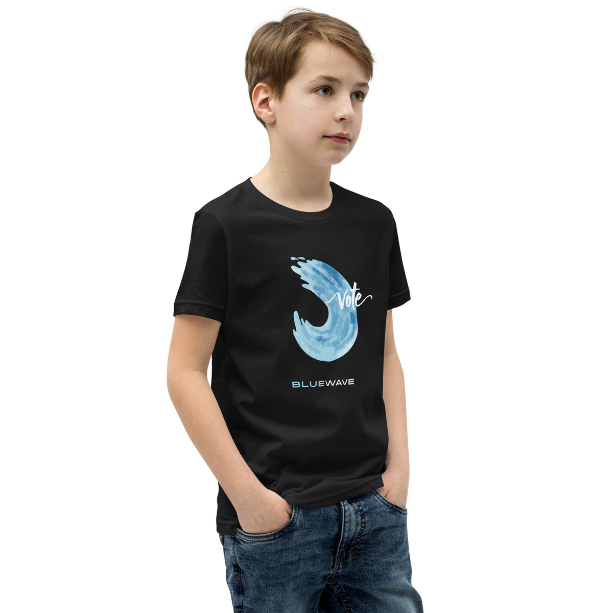 Youth Tee in Black, right front view
